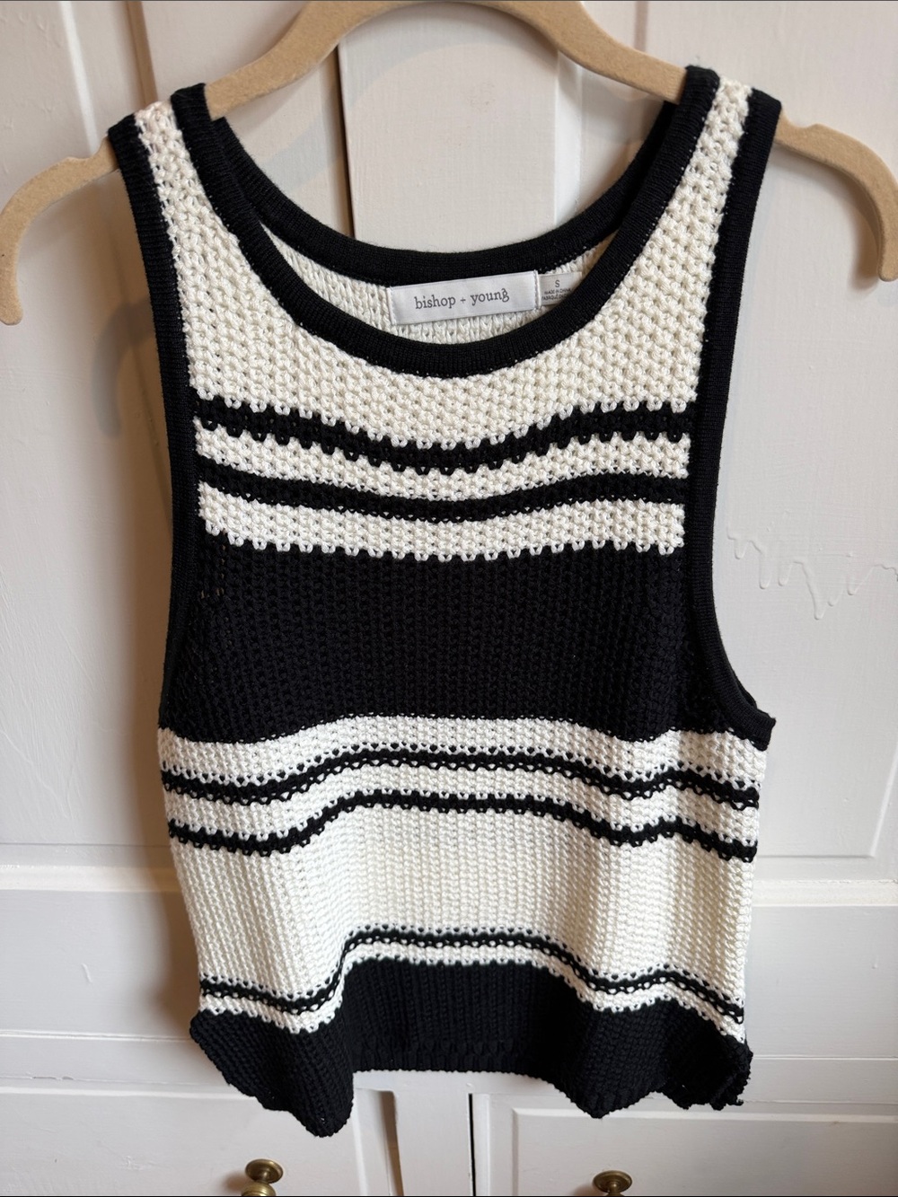 bishop + young Black & White Striped Crochet Knit Tank